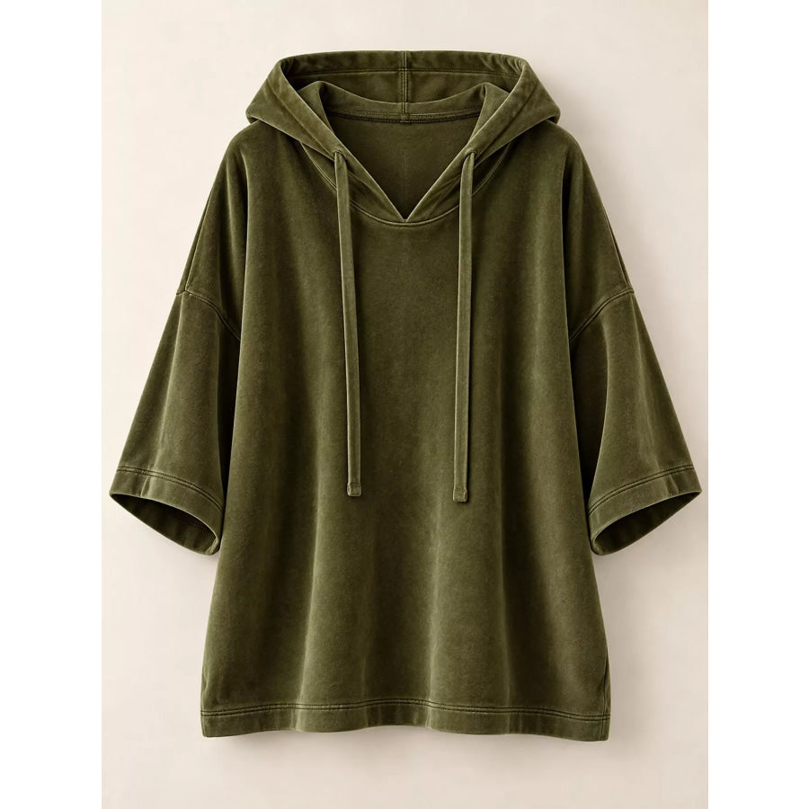 Full Size Velvet Half Sleeve Hoodie with Drawstring Plus Apparel and Accessories