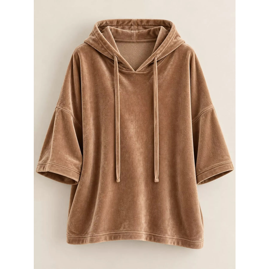 Full Size Velvet Half Sleeve Hoodie with Drawstring Plus Apparel and Accessories