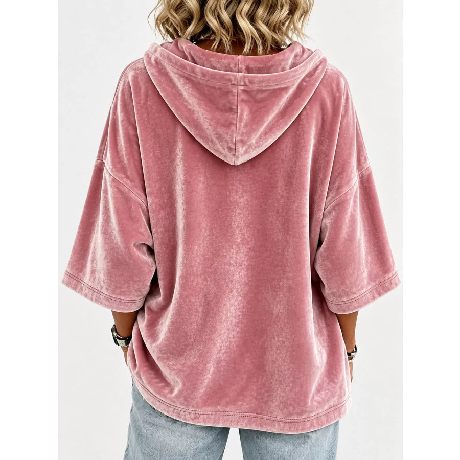 Full Size Velvet Half Sleeve Hoodie with Drawstring Plus Apparel and Accessories