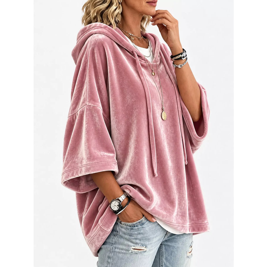 Full Size Velvet Half Sleeve Hoodie with Drawstring Plus Apparel and Accessories