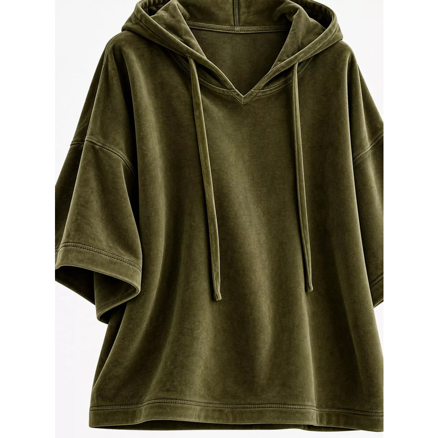 Full Size Velvet Half Sleeve Hoodie with Drawstring Plus Apparel and Accessories
