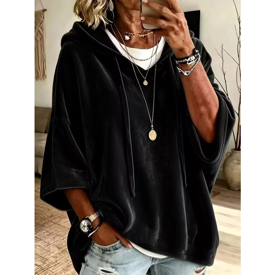 Full Size Velvet Half Sleeve Hoodie with Drawstring Plus Black / S Apparel and Accessories