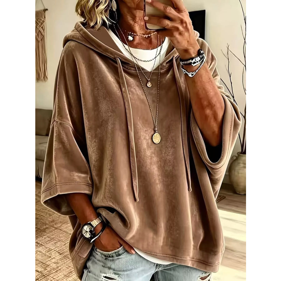 Full Size Velvet Half Sleeve Hoodie with Drawstring Plus Camel / S Apparel and Accessories