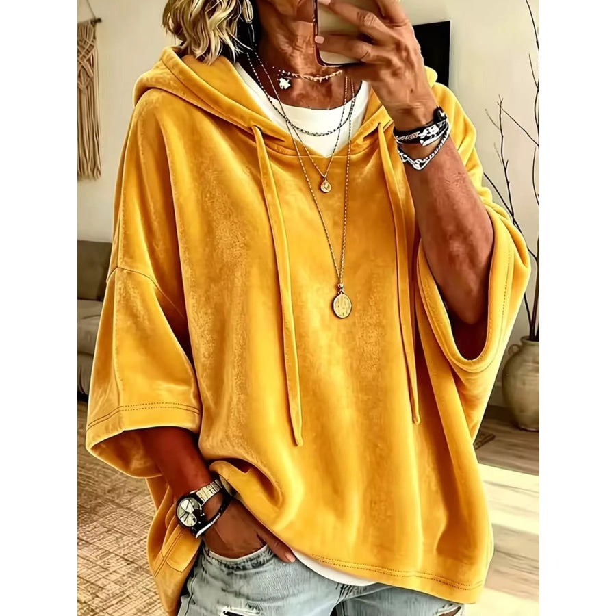 Full Size Velvet Half Sleeve Hoodie with Drawstring Plus Gold / S Apparel and Accessories