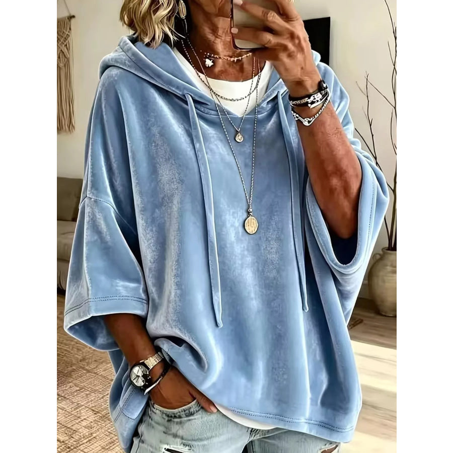 Full Size Velvet Half Sleeve Hoodie with Drawstring Plus Light Blue / S Apparel and Accessories