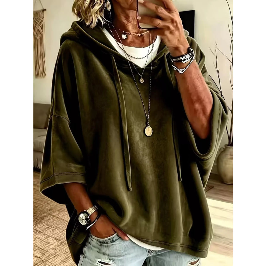Full Size Velvet Half Sleeve Hoodie with Drawstring Plus Olive Green / S Apparel and Accessories