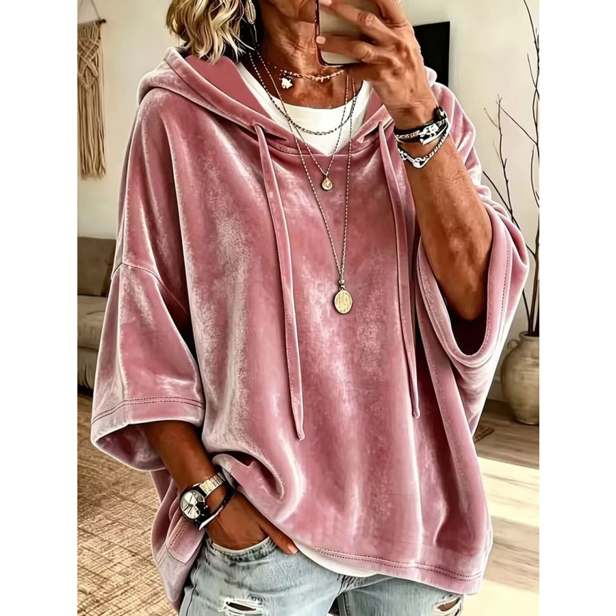 Full Size Velvet Half Sleeve Hoodie with Drawstring Plus Pink / S Apparel and Accessories