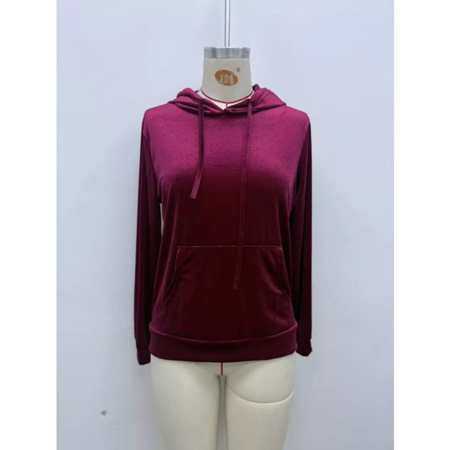 Full Size Velvet Kangaroo Pocket Hoodie Plus Apparel and Accessories