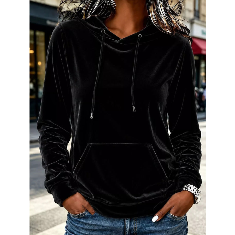 Full Size Velvet Kangaroo Pocket Hoodie Plus Black / S Apparel and Accessories