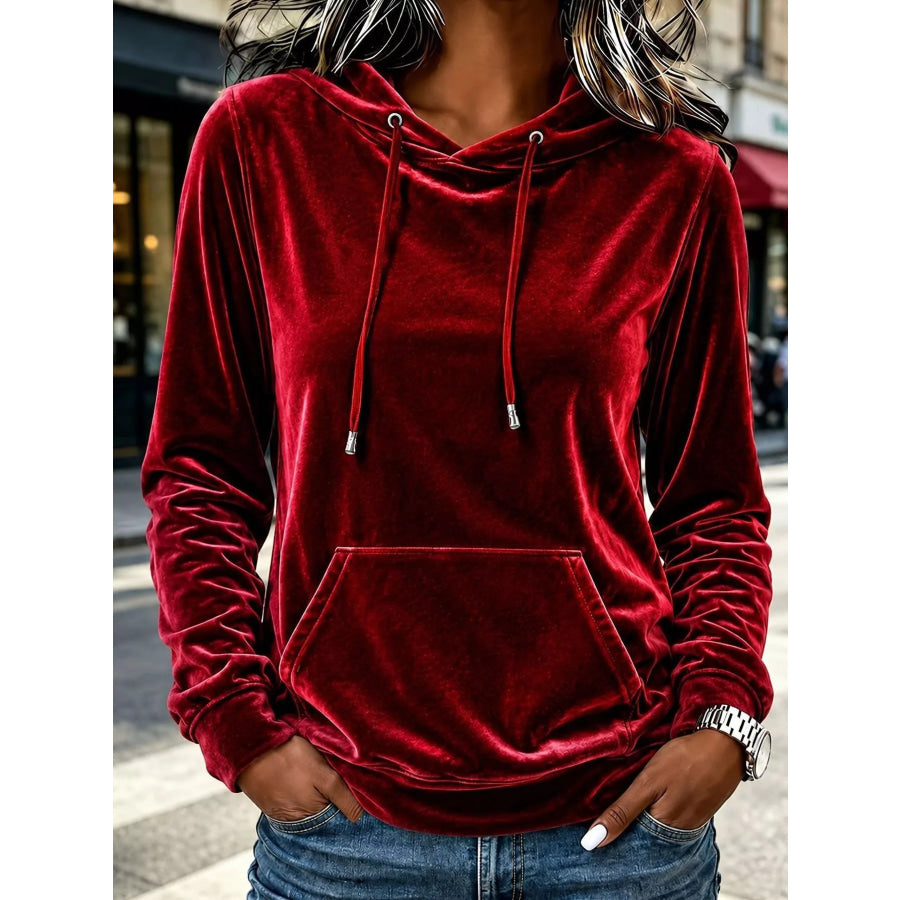 Full Size Velvet Kangaroo Pocket Hoodie Plus Burgundy / S Apparel and Accessories