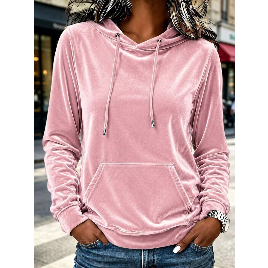 Full Size Velvet Kangaroo Pocket Hoodie Plus Dusty Pink / S Apparel and Accessories