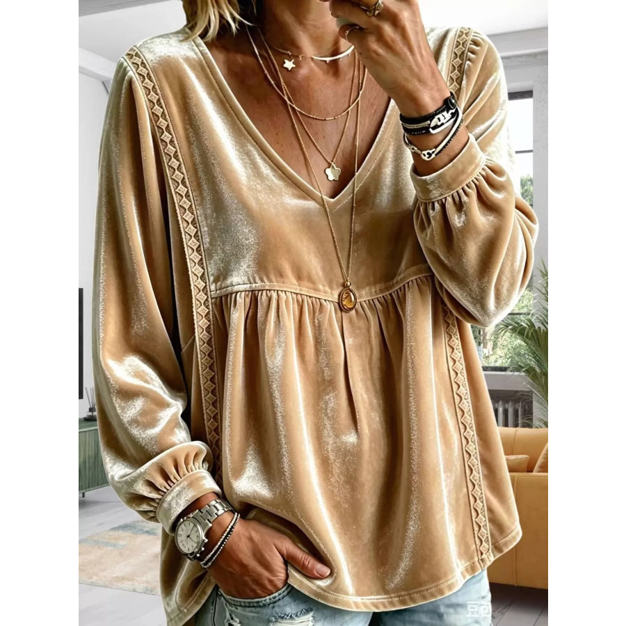 Full Size Velvet Lace Detail V-Neck Blouse Plus Gold / S Apparel and Accessories