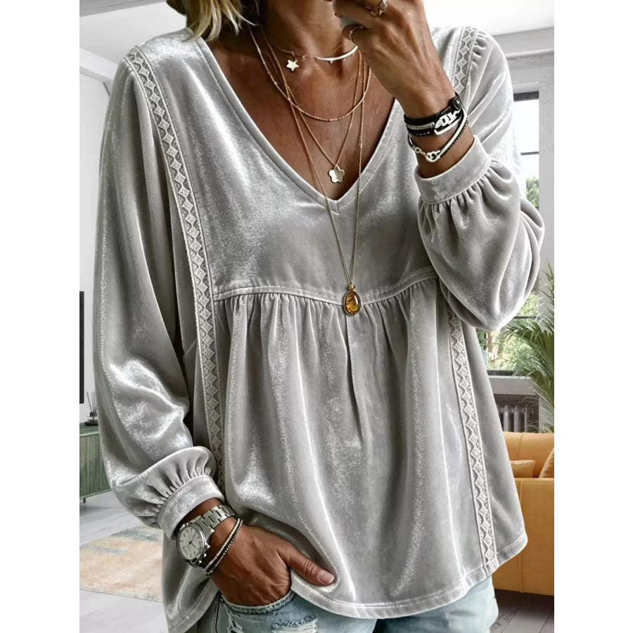 Full Size Velvet Lace Detail V-Neck Blouse Plus Gray / S Apparel and Accessories