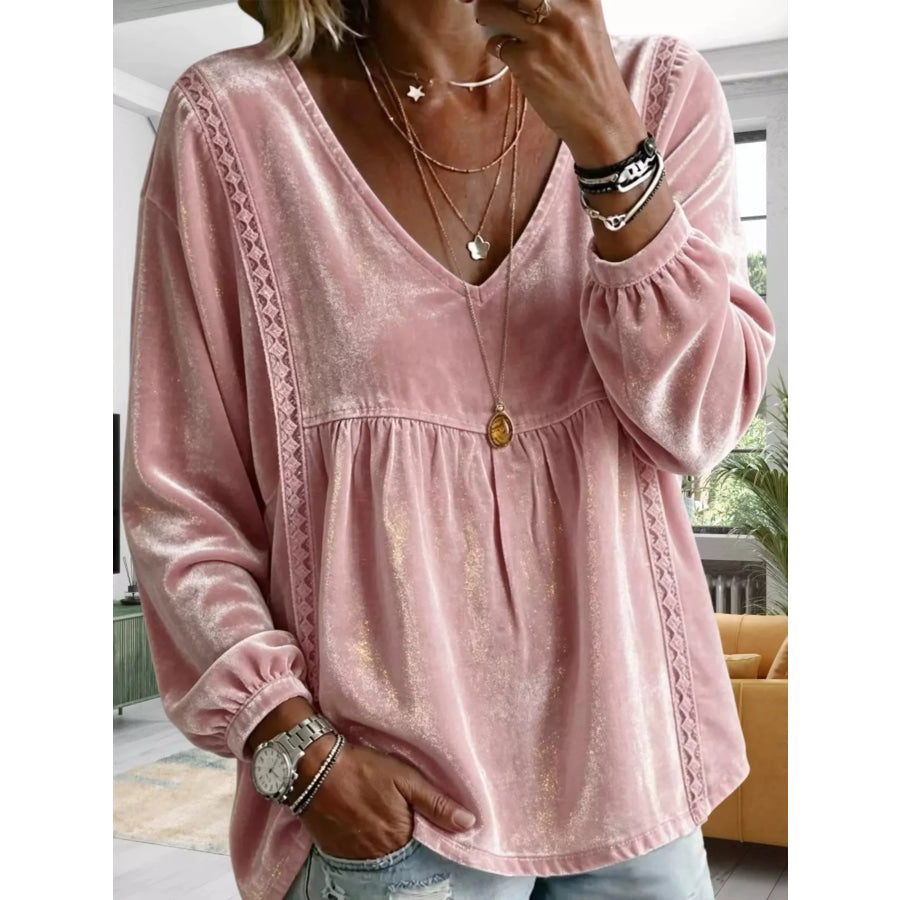 Full Size Velvet Lace Detail V-Neck Blouse Plus Pink / S Apparel and Accessories