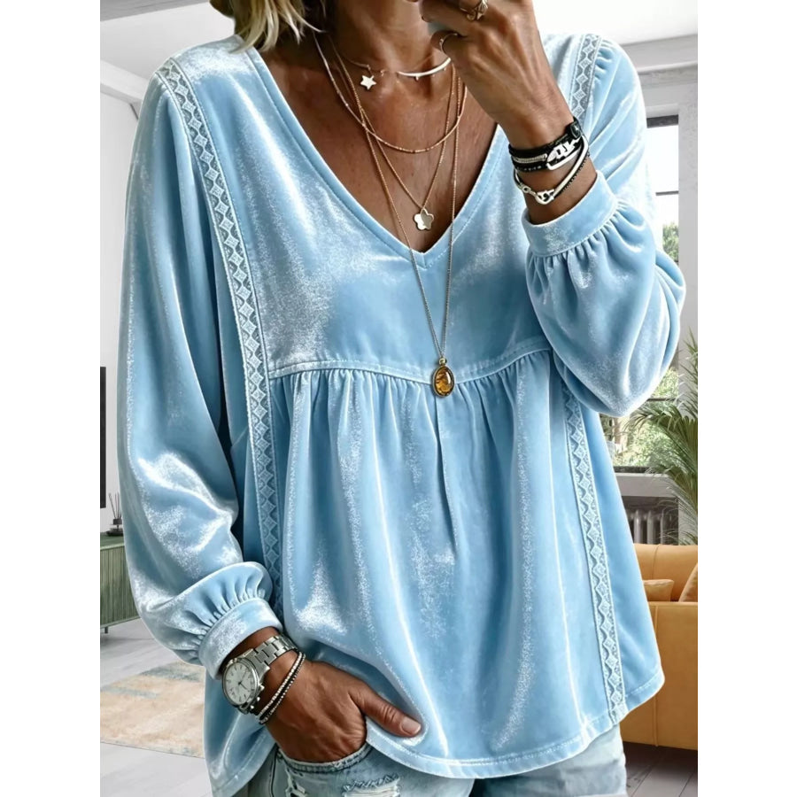 Full Size Velvet Lace Detail V-Neck Blouse Plus Sky Blue / S Apparel and Accessories