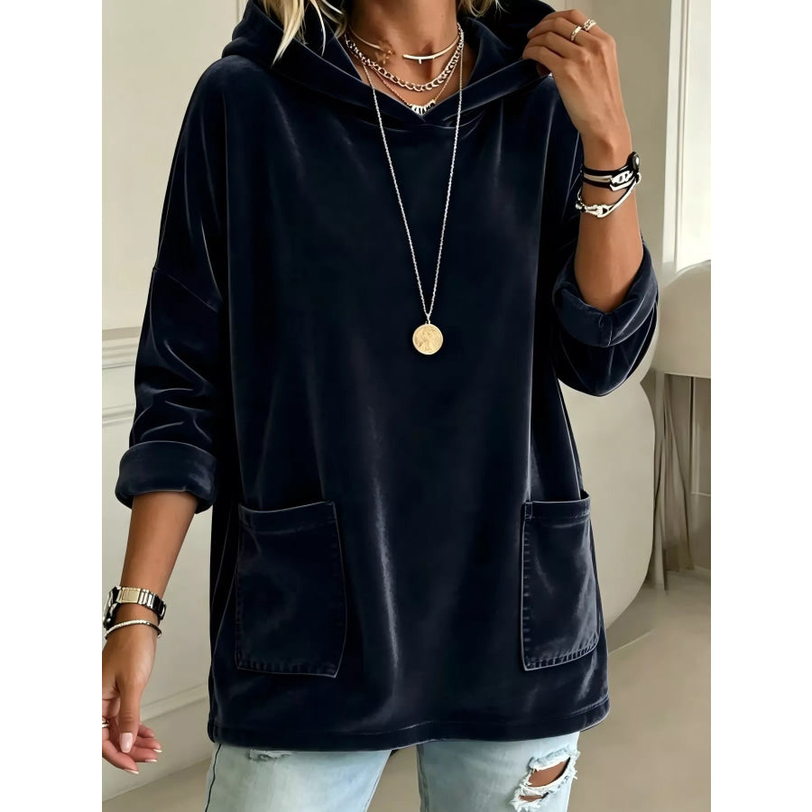 Full Size Velvet Long Sleeve Hoodie with Front Pockets Plus Size Apparel and Accessories