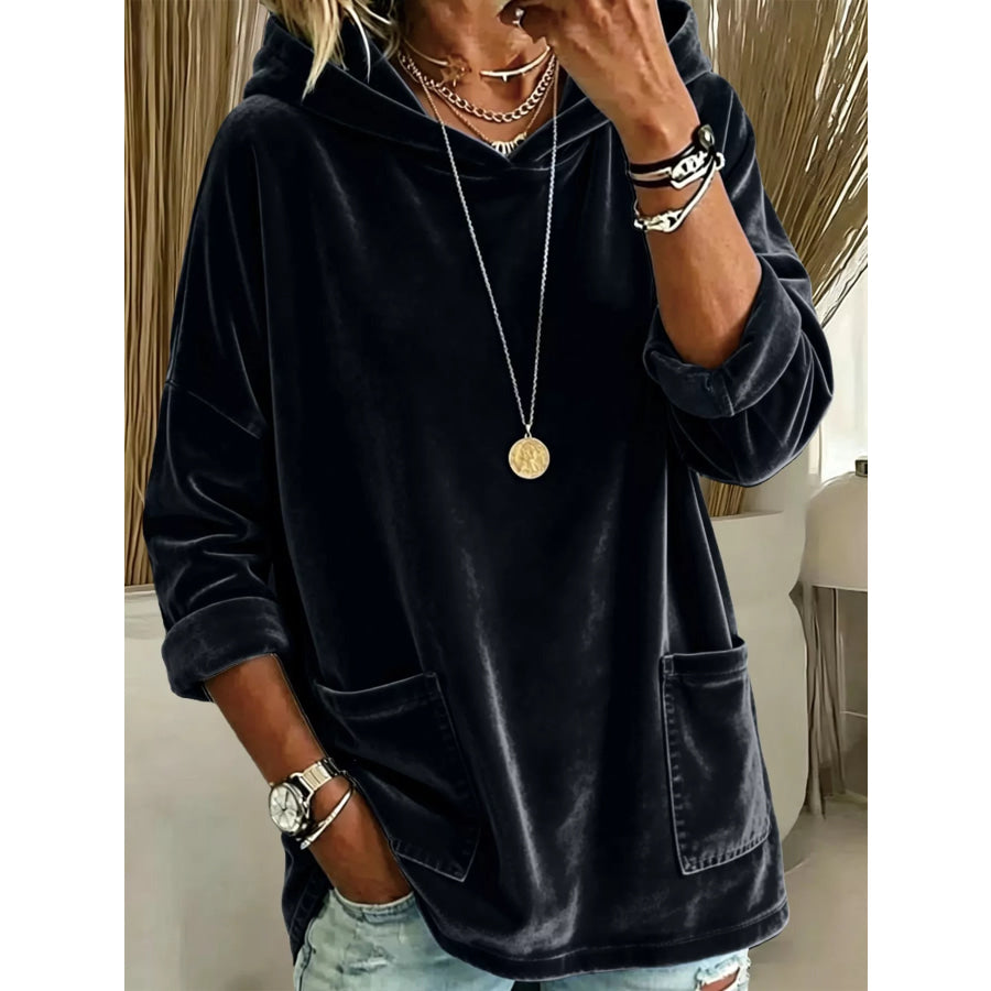 Full Size Velvet Long Sleeve Hoodie with Front Pockets Plus Size Black / S Apparel and Accessories