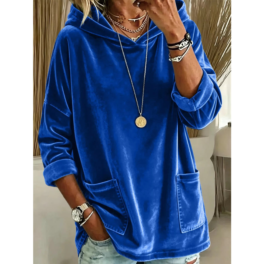 Full Size Velvet Long Sleeve Hoodie with Front Pockets Plus Size Blue / S Apparel and Accessories