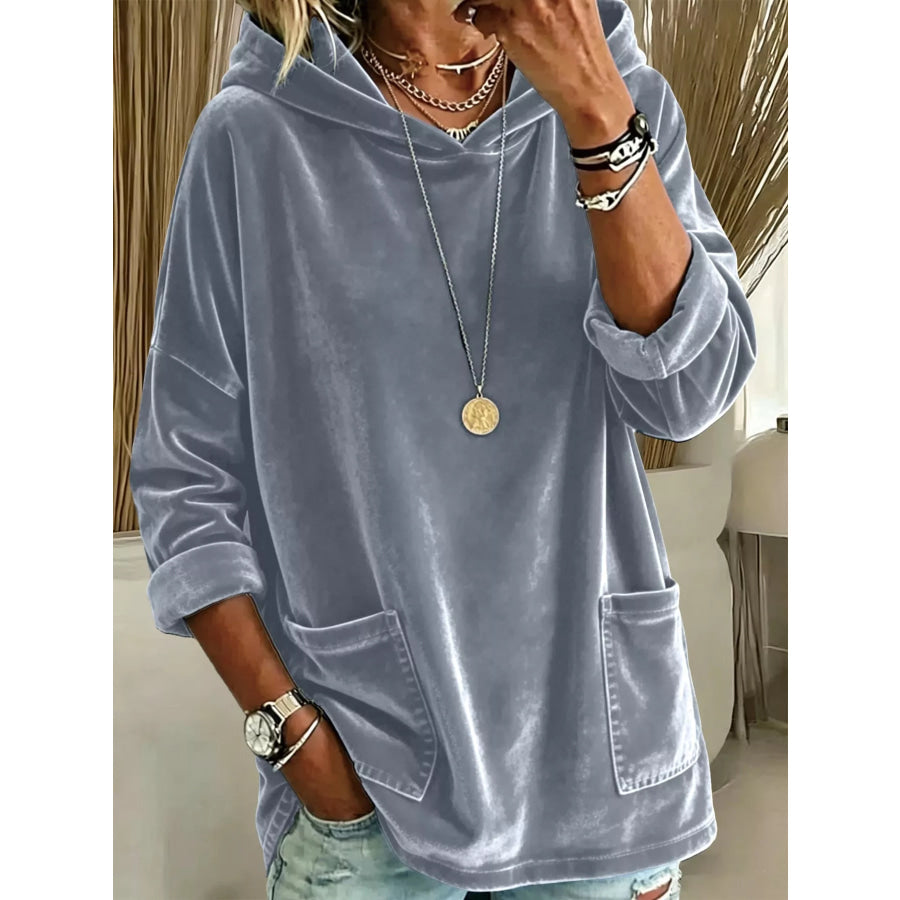 Full Size Velvet Long Sleeve Hoodie with Front Pockets Plus Size Gray / S Apparel and Accessories