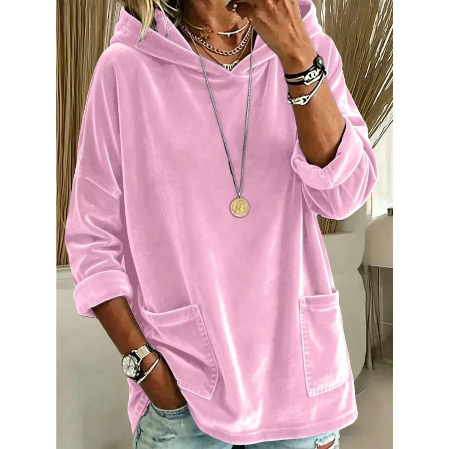 Full Size Velvet Long Sleeve Hoodie with Front Pockets Plus Size Pink / S Apparel and Accessories