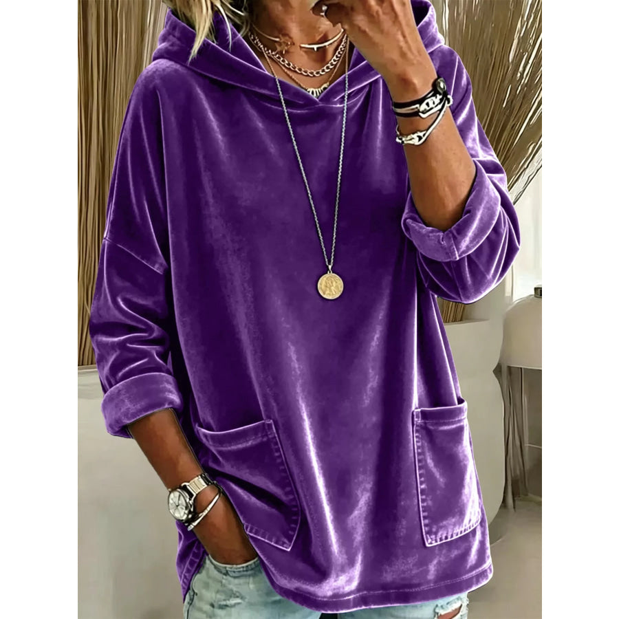 Full Size Velvet Long Sleeve Hoodie with Front Pockets Plus Size Purple / S Apparel and Accessories