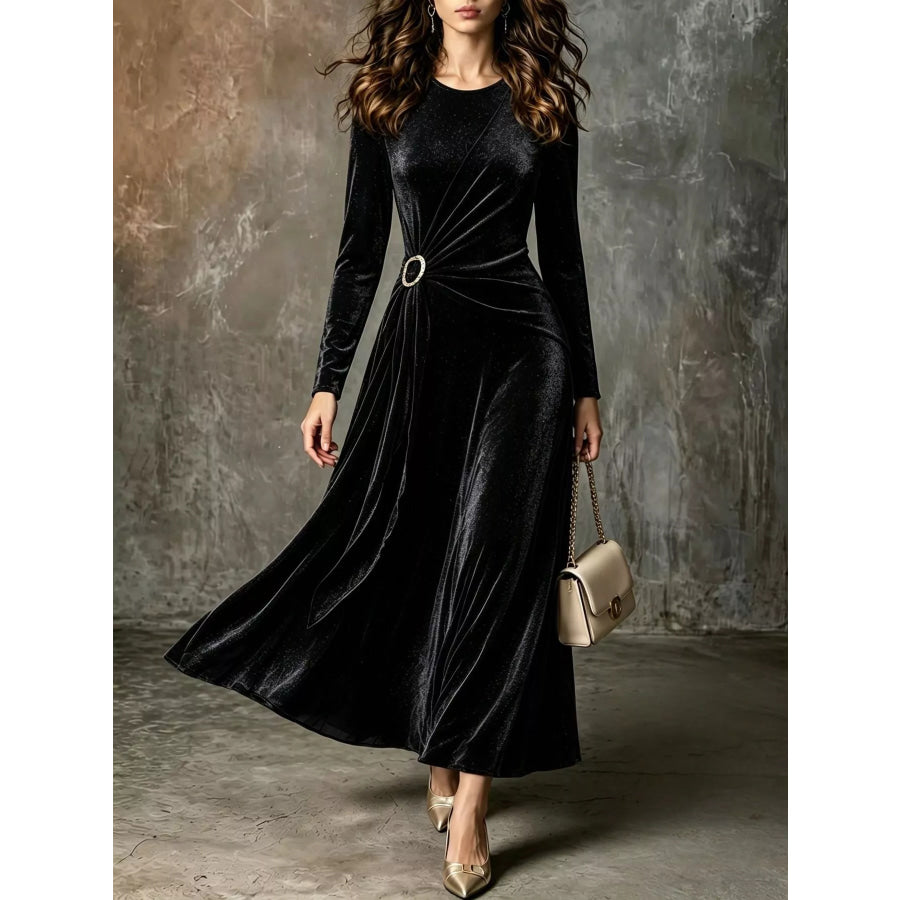 Full Size Velvet Long-Sleeve Maxi Dress with Ring Detail Plus Size Pink / XS Apparel and Accessories