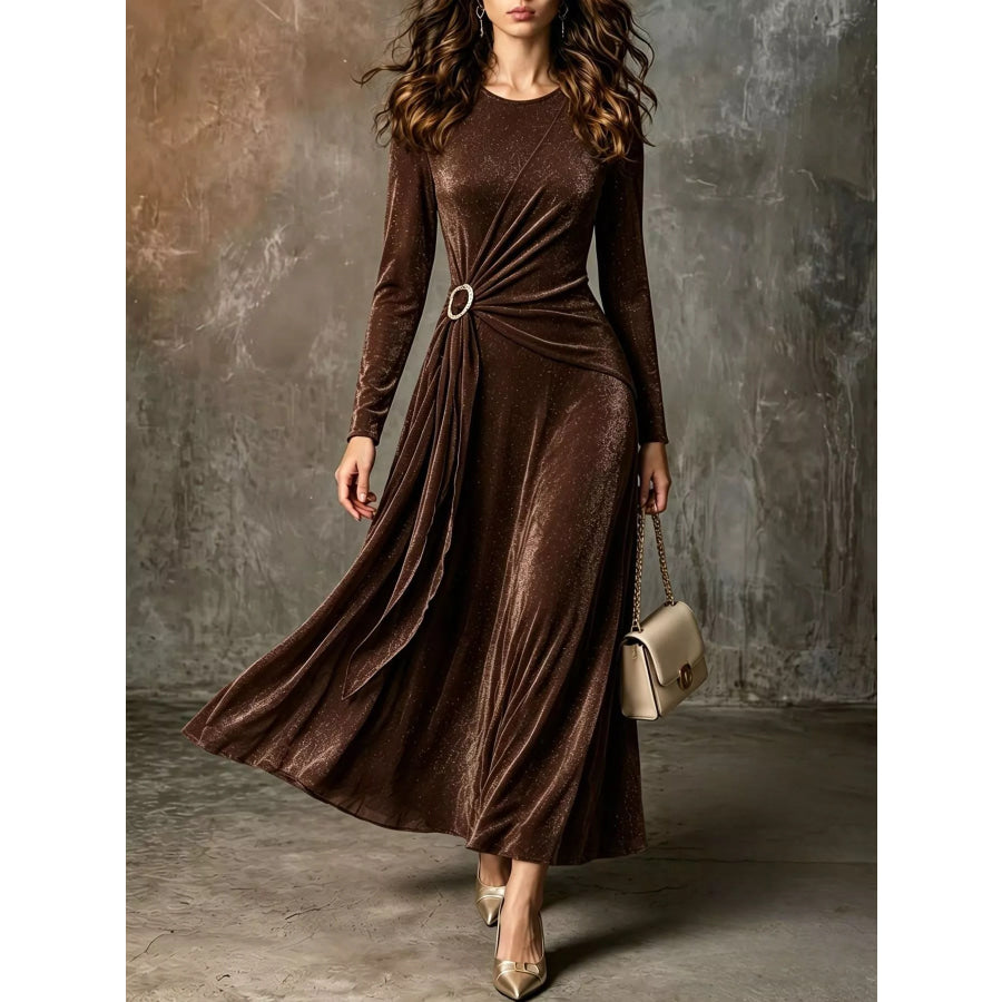 Full Size Velvet Long-Sleeve Maxi Dress with Ring Detail Plus Size Coffee Brown / XS Apparel and Accessories