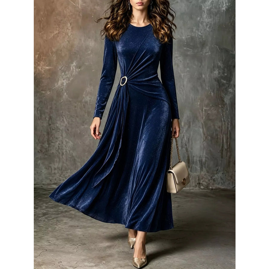 Full Size Velvet Long-Sleeve Maxi Dress with Ring Detail Plus Size Dark Blue / XS Apparel and Accessories
