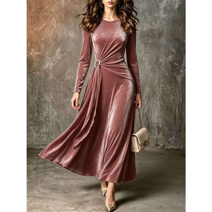 Full Size Velvet Long-Sleeve Maxi Dress with Ring Detail Plus Size Pink / XS Apparel and Accessories
