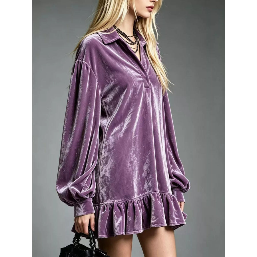 Full Size Velvet Long-Sleeve Ruffle Hem Mini Dress Plus Apparel and Accessories