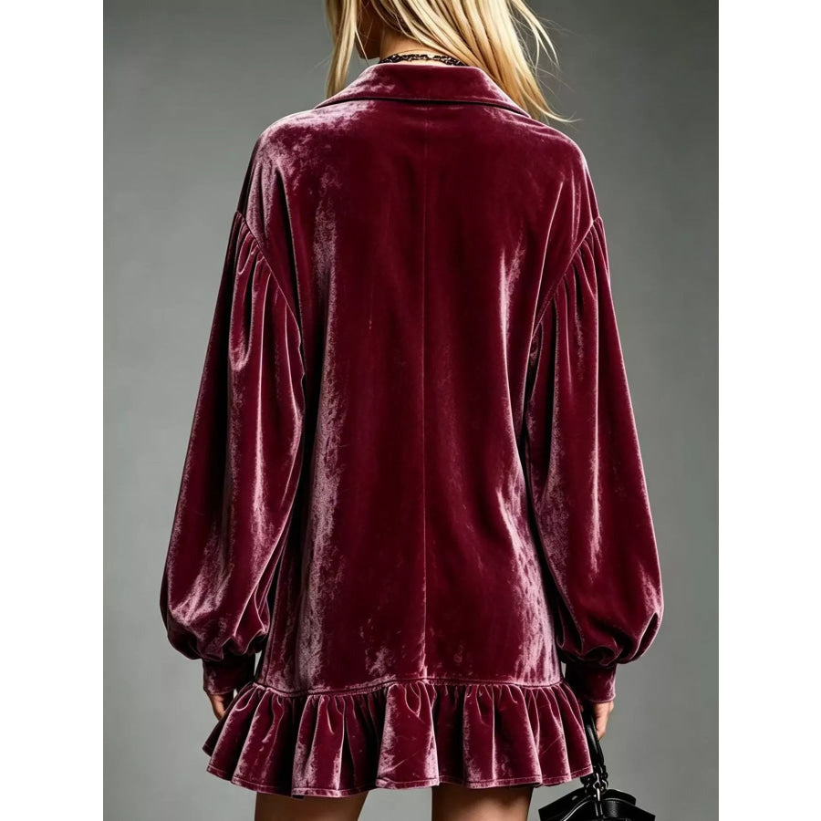 Full Size Velvet Long-Sleeve Ruffle Hem Mini Dress Plus Apparel and Accessories