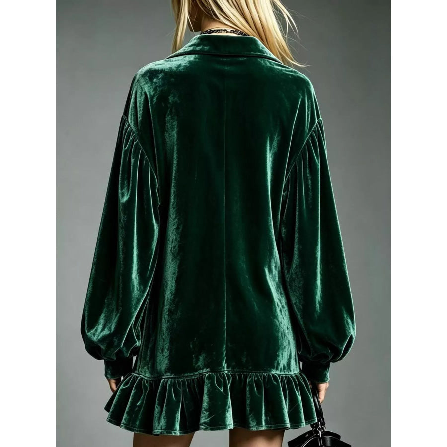 Full Size Velvet Long-Sleeve Ruffle Hem Mini Dress Plus Apparel and Accessories