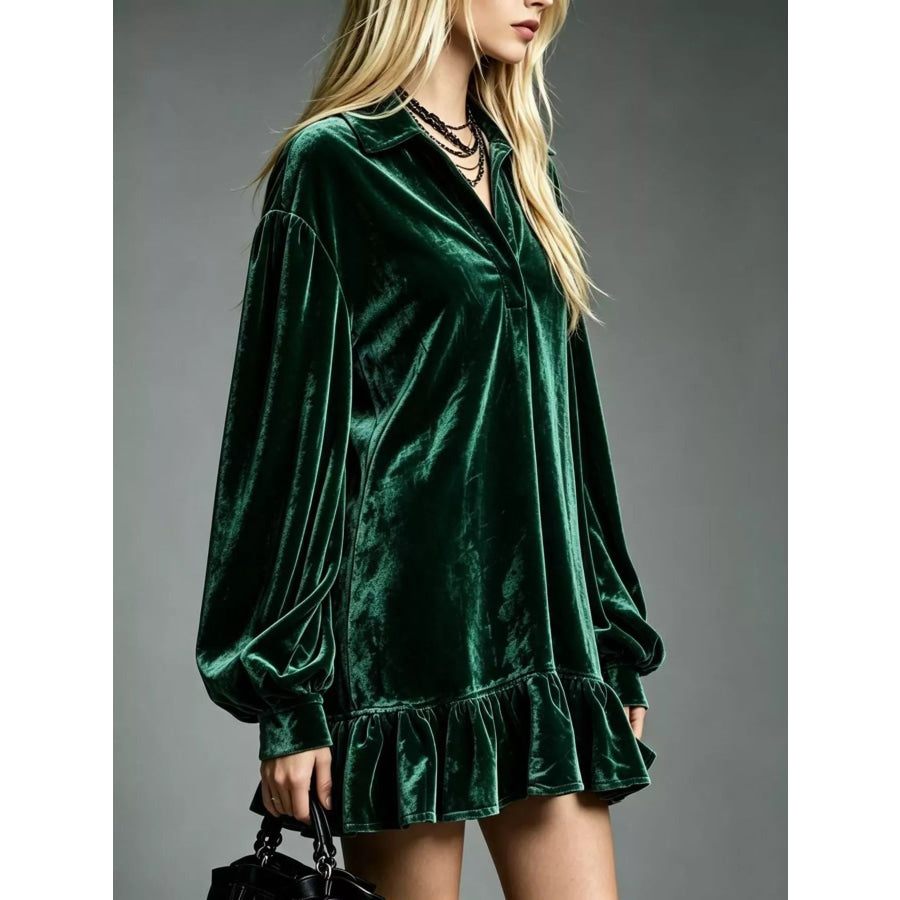 Full Size Velvet Long-Sleeve Ruffle Hem Mini Dress Plus Apparel and Accessories