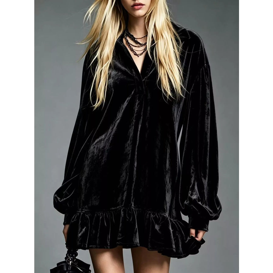 Full Size Velvet Long-Sleeve Ruffle Hem Mini Dress Plus Black / S Apparel and Accessories