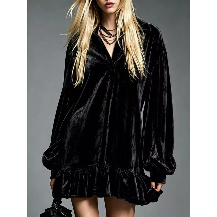 Full Size Velvet Long-Sleeve Ruffle Hem Mini Dress Plus Black / S Apparel and Accessories