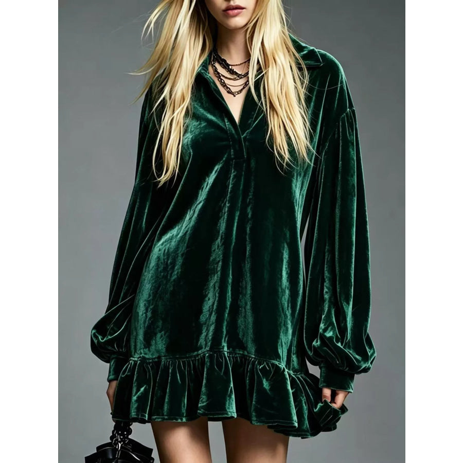 Full Size Velvet Long-Sleeve Ruffle Hem Mini Dress Plus Dark Green / S Apparel and Accessories