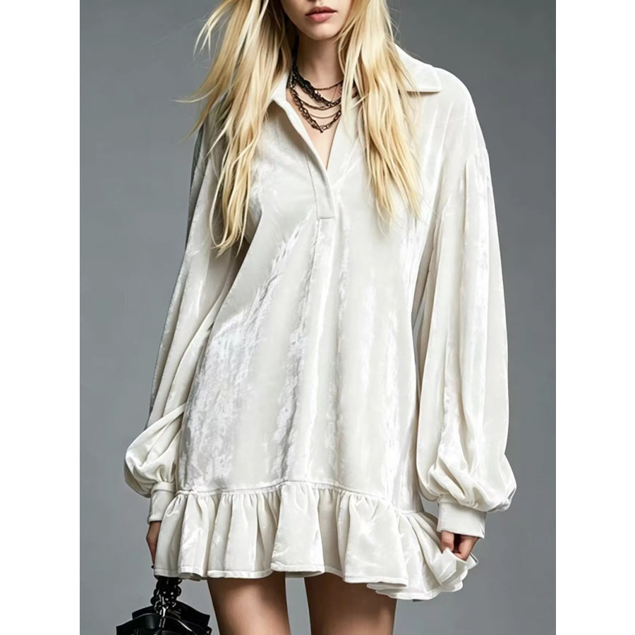 Full Size Velvet Long-Sleeve Ruffle Hem Mini Dress Plus White / S Apparel and Accessories
