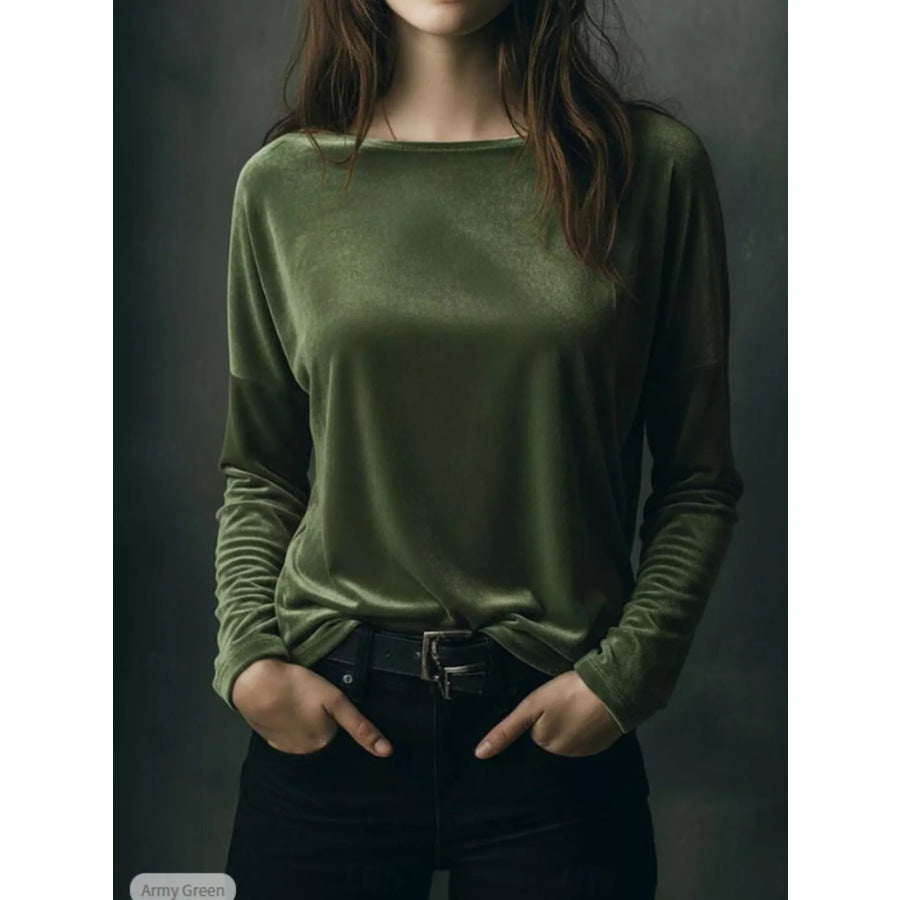 Full Size Velvet Long Sleeve T-Shirt Plus Size Moss / S Apparel and Accessories
