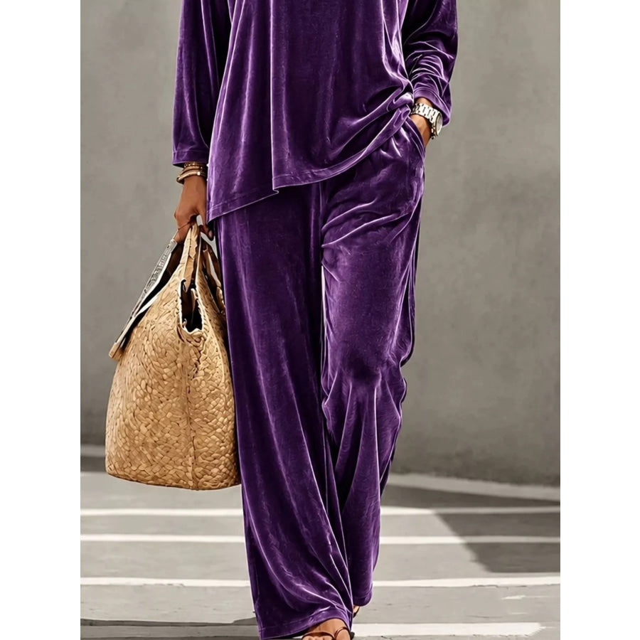 Full Size Velvet Long Sleeve Top and Pants Set Plus Size Apparel and Accessories