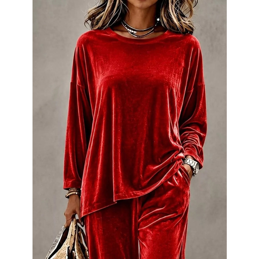 Full Size Velvet Long Sleeve Top and Pants Set Plus Size Apparel and Accessories