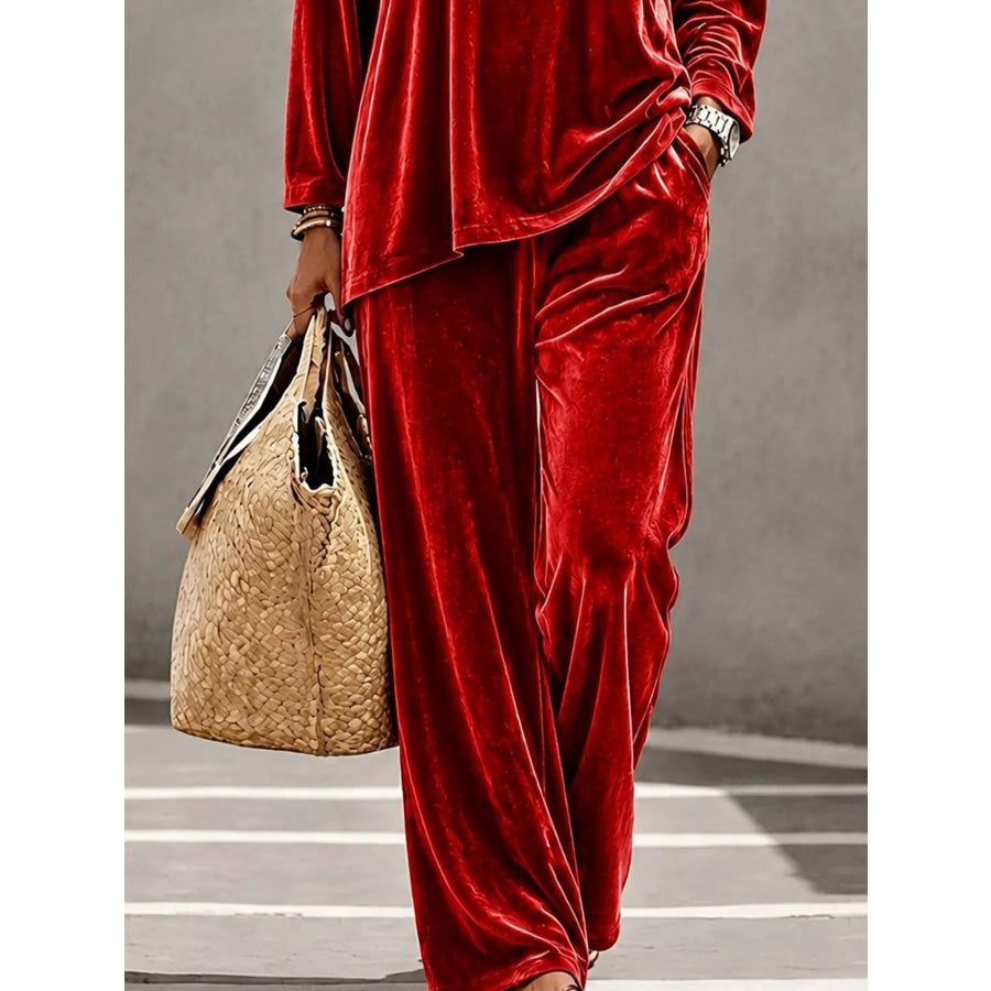 Full Size Velvet Long Sleeve Top and Pants Set Plus Size Apparel and Accessories