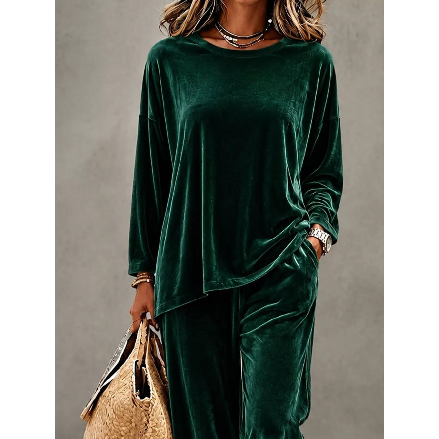Full Size Velvet Long Sleeve Top and Pants Set Plus Size Apparel and Accessories