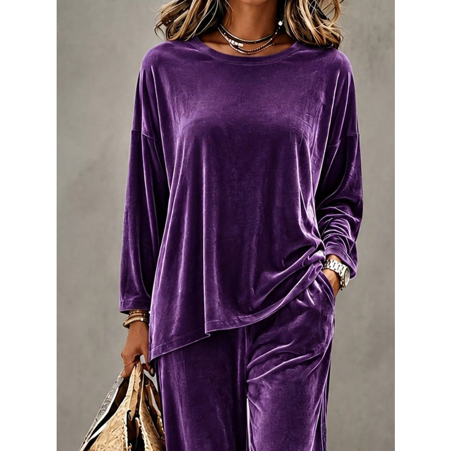 Full Size Velvet Long Sleeve Top and Pants Set Plus Size Apparel and Accessories