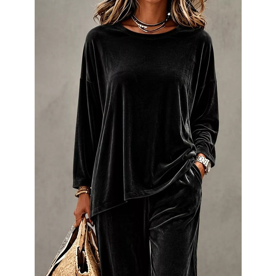 Full Size Velvet Long Sleeve Top and Pants Set Plus Size Apparel and Accessories