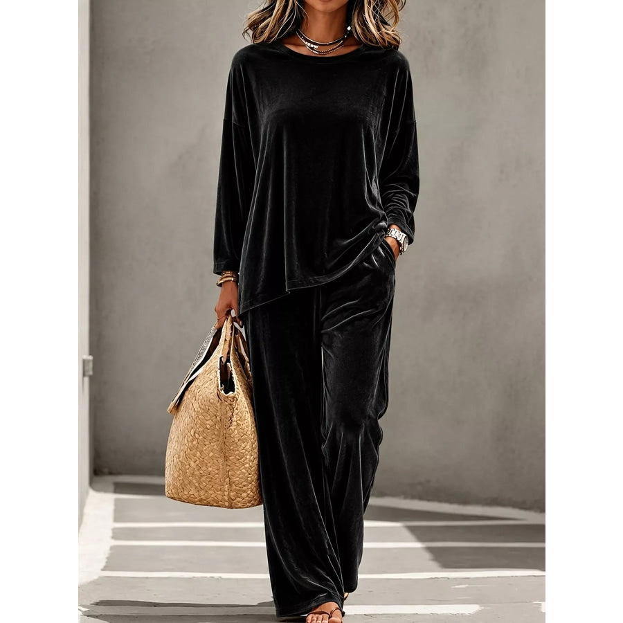 Full Size Velvet Long Sleeve Top and Pants Set Plus Size Black / S Apparel and Accessories