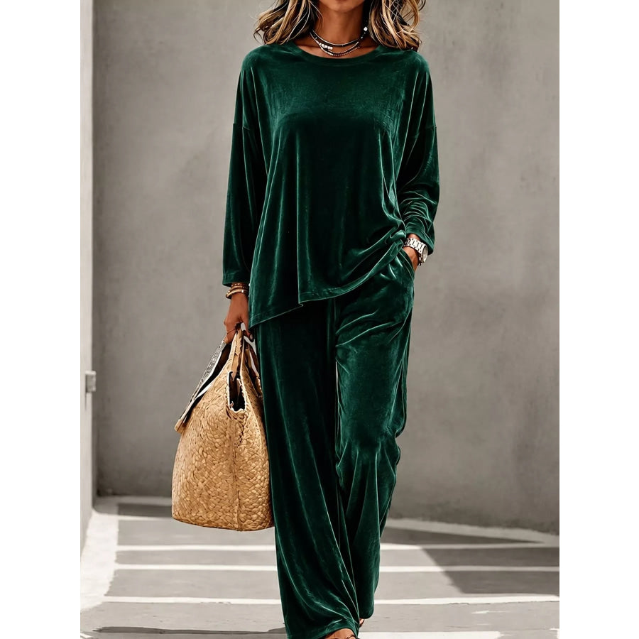 Full Size Velvet Long Sleeve Top and Pants Set Plus Size Green / S Apparel and Accessories