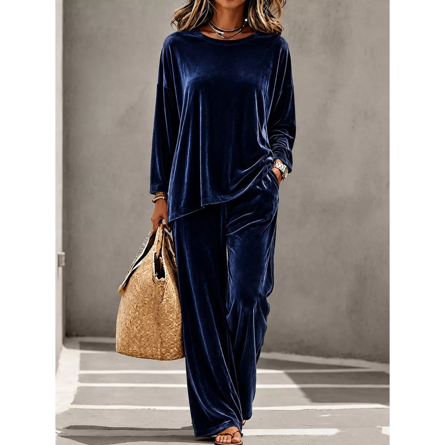 Full Size Velvet Long Sleeve Top and Pants Set Plus Size Navy / S Apparel and Accessories