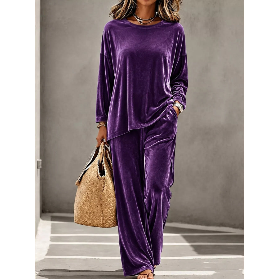 Full Size Velvet Long Sleeve Top and Pants Set Plus Size Purple / S Apparel and Accessories