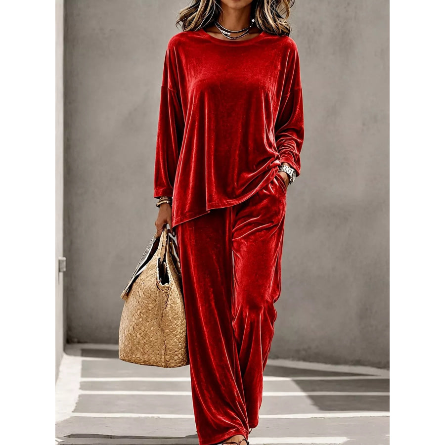 Full Size Velvet Long Sleeve Top and Pants Set Plus Size Red / S Apparel and Accessories