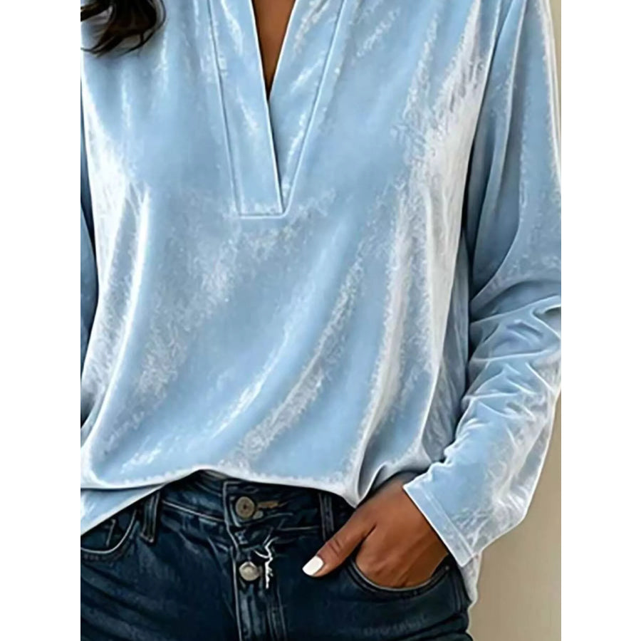 Full Size Velvet Notched Long Sleeve Blouse Plus Size Apparel and Accessories